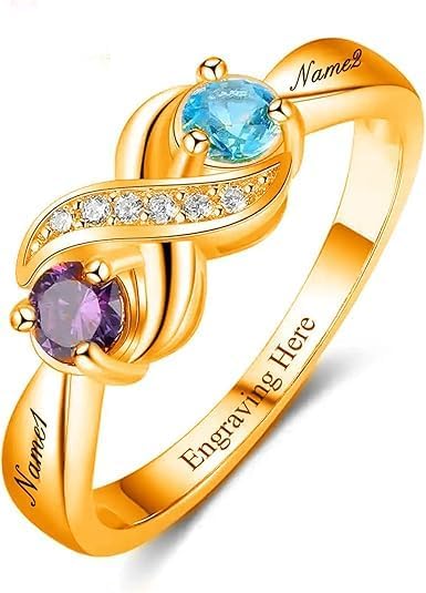 Customized and Personalized Two Birthstone Ring Name Engraved 925 Sterling Silver/10K/14K/18K Gold Engraved Ring For Mom Wife Women