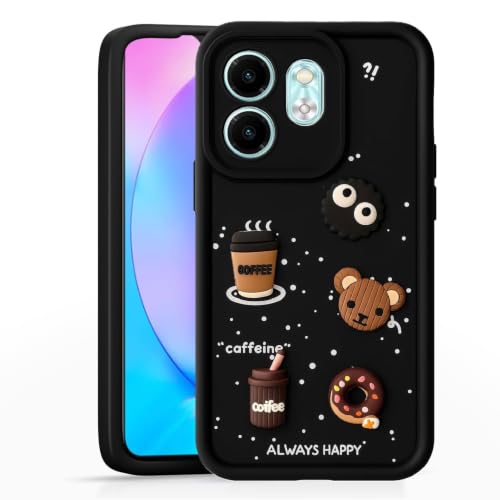 Image of Bintage Cute Fun Taddy Cartoon 3D Ball Bear Milk Donut Coffee Cup Silicon Case Full Body & Camera Protection Back Cover Compatible for Tecno POP 9 5G - Black