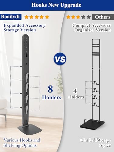 Image of Metal Vacuum Stand for Dyson Gen5 V15 V12 V11 V10 V8 V7 V6 Cordless Vacuum Organizer with 4 Hooks & 4 Shelves, Hidden Cable Design, Space-Saving Attachment Holder for Dyson Cordless Vacuums