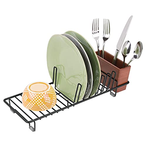 Mdesign Compact Modern Kitchen Countertop, Sink Dish Drying Rack, Removable Cutlery Tray - Drain And Dry Wine Glasses, Bowls And Dishes - Metal Wire Drainer In Black With Cherry Bamboo Caddy #TOP4