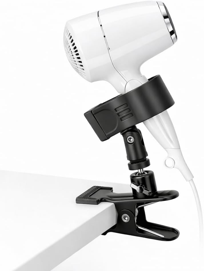 360 Degree Rotating Hands Free Hair Dryer Holder Sturdy Metal Base and Strong Clamp Adjustable and Flexible Blow Dryer Stand for Easy Styling Stable and Easy Installation
