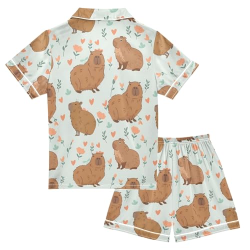 Floral with Cute Capybara Summer Satin Pajama Set, Cute Button-Down Sleepwear Pj Set for Sleep Wears2
