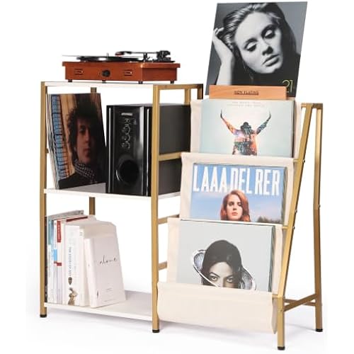 HYCFYJR Stand for Record Player, 3 Tier Vinyl Record Storage with Now Playing Holder, Turntable Stand, Vinyl Display with Speaker Storage for Living Room, Gold White