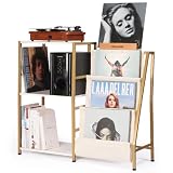 HYCFYJR Porta Vinili, Mobile Giradischi con Porta Vinili 3 livelli e Now Playing Vinyl Stand, Mobile Dischi Vinile per Soggiorno, Oro Bianco