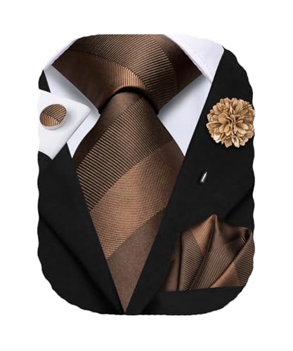 Hi-Tie Mens Chocolate Brown Striped Silk Ties Formal Necktie Set