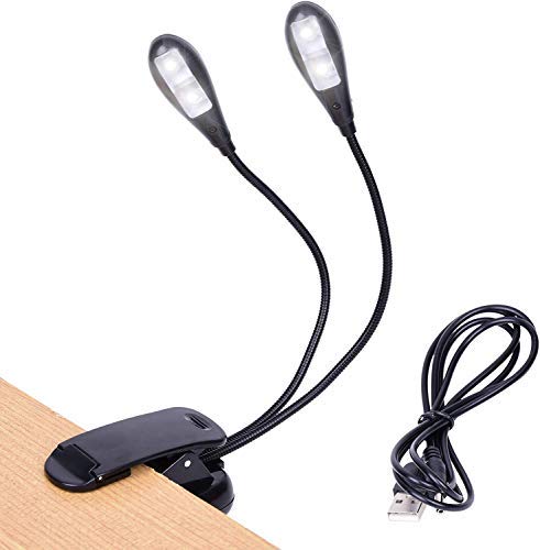 Music Stand Light, Clip on LED Book Lights, SHINGO USB and AAA Battery Operated, Reading Lamp in Bed, 4 Brightness Levels, ideal for Bookworms, Piano Player, Kids, Travel (Dual Arm)