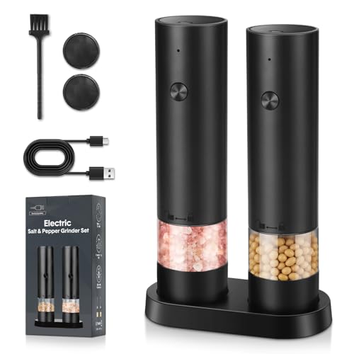srml Electric Salt and Pepper Grinder Set USB-C Rechargeable Automatic Pepper Mill with 4 Adjustable Coarseness Ceramic Grind Dust Cover and Base One-Handed Operation Spice Set for Home & Kitchen