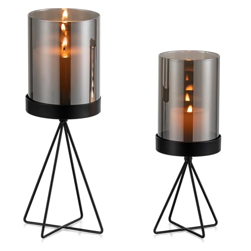 Sziqiqi Vindljus ljusstake svart dekoration: metall ljushållare blockljus med grå glascylinder bordsdekoration – modernt ljusstake geometrisk för vardagsrum, fönsterbräda, utomhus, utomhus