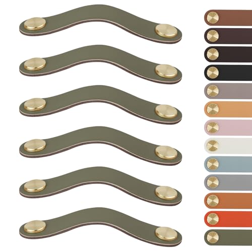 LEREATI 6 Pack Leather Drawer Pulls 5 Inch Cabinet Handles with Screws Faux Leather Dresser Knobs for Cabinets, Drawers, Closet, Kitchen and Bathroom Furniture (5in Hole Center, Golden + Green)