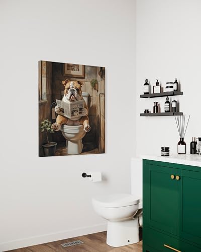 Image of Bulldog on Toilet Wall Art Print Canvas Wrapped, Dog Bathroom Humor Decor Posters Prints for Restroom Home Picture Painting Artwork Gallery 7 (Bulldog, 20 inchL x 16 inchW CANVAS, Wrapped Canvas)