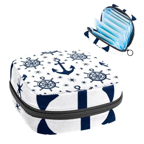 Portable Sanitary Napkin Storage Bag, Menstrual Cup Pouch Feminine Menstruation Pads Bag for Teen Girls, Tampons First Period Kit, Nautical Anchors and Steering Wheel