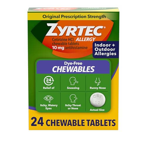 Zyrtec 24 Hour Allergy Relief Chewable Tablets, 10 mg Cetirizine Hydrochloride Antihistamine, Dye-Free Allergy Medicine for Runny Nose, Sneezing, Itchy, Watery Eyes, Indoor & Outdoor Allergies, 24 ct
