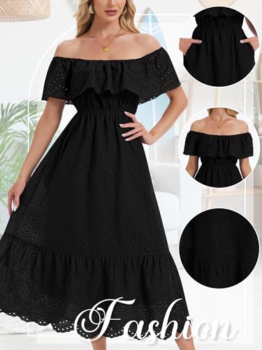 Image of Women's Summer Midi Dress High Waist Off Shoulder Ruffle Short Sleeve Hollow Out A Line Casual Long Dress 2025