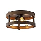 JONATHAN Y 16" Dark Brown Wood and Oil Rubbed Bronze 3-Light Iron Flush Mount, Farmhouse Industrial Round Ceiling Light for Kitchen Bedroom Hallway, LED Bulbs Included JYL1305A