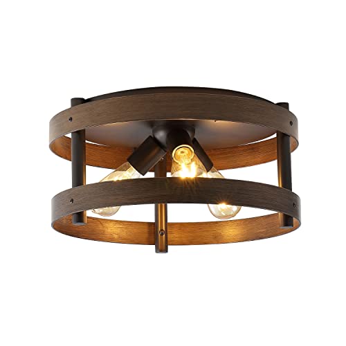JONATHAN Y 16" Dark Brown Wood and Oil Rubbed Bronze 3-Light Iron Flush Mount, Farmhouse Industrial Round Ceiling Light for Kitchen Bedroom Hallway, LED Bulbs Included JYL1305A by JONATHAN Y - Used condition - US$45.17