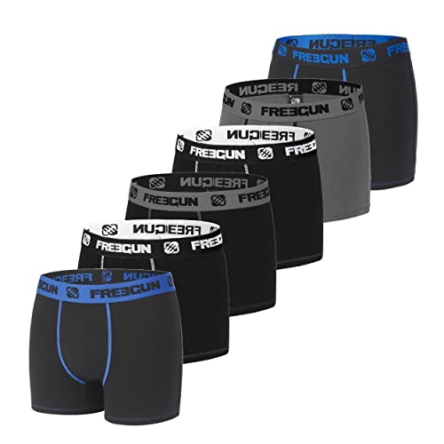 FREEGUN Calecon Boxer Homme Coton Uni (Lot de 6), Noir, Gris, Bleu Taille M