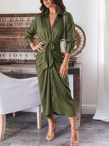 BTFBM Summer Dresses for Women 2026 Long Sleeve V Neck Button Down Elegant Belted Ruched Satin Silk Shirt Fall Dress(Army Green, X-Large) — view 3