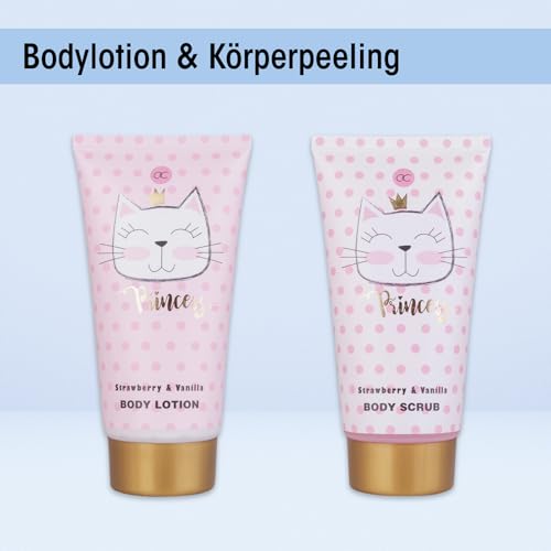 Accentra Geschenkset PRINCESS KITTY, 7-teiliges Geschenkset für Mädchen mit Duschgel, Bodylotion, Körperpeeling, Körpercreme, Badebomben und Netzschwamm im rosa Körbchen, Erdbeere & Vanille Duft