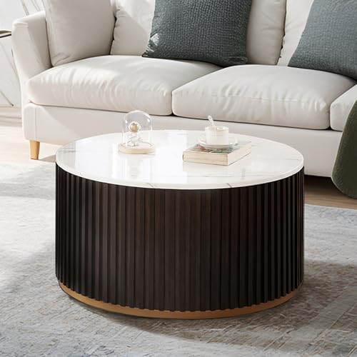 DS-HOMEPORT Round Wood Coffee Table with Marble Lid ＆ Hidden Storage, Modern Circle Handcraft Drum Coffee Table for Living Room, No Need Assembly(Black Brown,31x31x16 in)