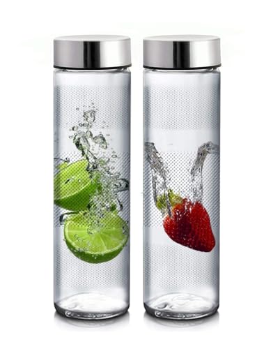 Image of 750ml Food Grade Glass Water Bottle Set of 2 with Leakproof Lid | Airtight Transparent Juice, Smoothie & Beverage Storage Bottle for Kitchen, Office & Travel (Silver lid')