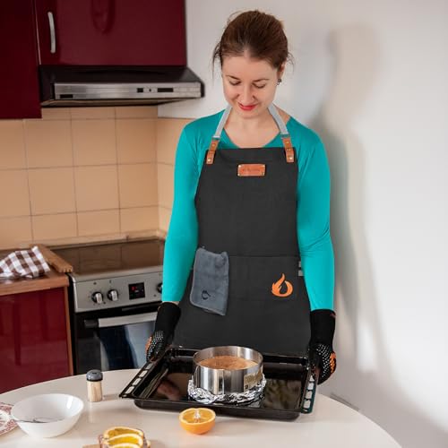onlyfire Kochschürze Set 3 TLG, Grillschürze Baumwolle mit 2 Taschen, Grillhandschuhe Hitzebeständig bis 800°C und Mikrofasertuch, Grillzubehör Set für Herren, Geschenk für Männer und Frauen BBQ Küche