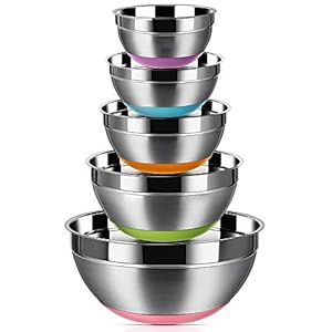 REGILLER Stainless Steel Mixing Bowls (Set of 5), Non Slip Colorful Silicone Bottom Nesting Storage Bowls, Polished Mirror Finish For Healthy Meal Mixing and Prepping 1.5-2 – 2.5-3.5 – 7QT (Colorful)