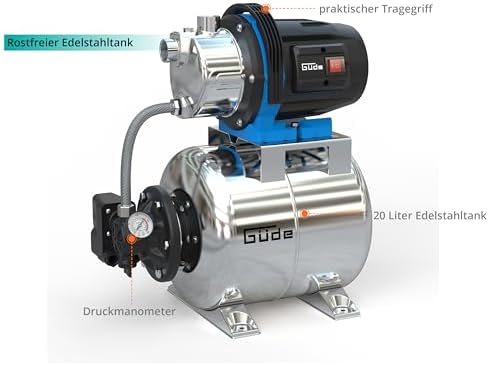 Bild 5 - Güde Hauswasserwerk HWW 1000 ES (1000 W, 20 l Kesselinhalt, 3800 l/h Fördervolumen, 44 m max. Förderhöhe, 7 m max. Ansaughöhe, Noryllaufrad, Edelstahltank, Druckschalter, Thermoschutz, Druckmanometer)