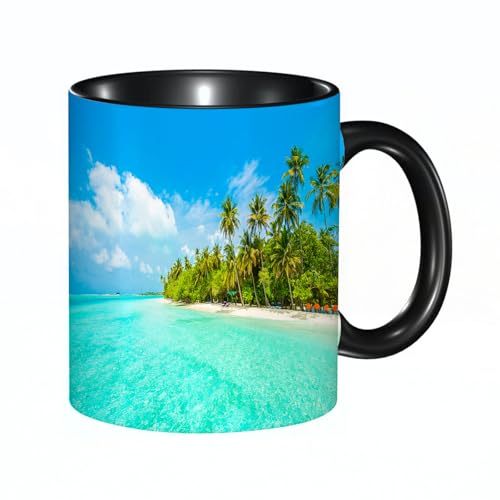 HRRASFAZF Tasse à Café | Tasse Céramique Fine | Cadeau Original | 330ml | Mug avec Anse | Cadeau Original pour Homme et Femme | Belle île tropicale des Maldives avec plage, mer et cocotiers