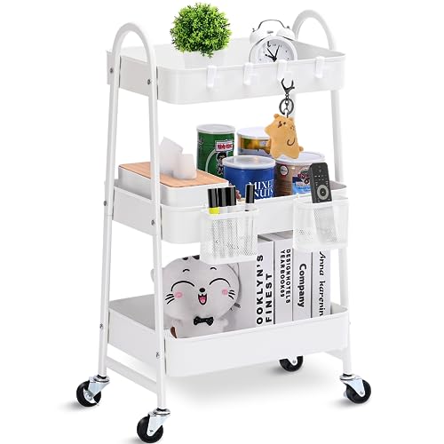KINGRACK 3-Tier Rolling Cart, Metal Rolling Storage Cart with Handle and Lockable Wheels, 2 Hanging Baskets & 4 Hooks, Utility Cart for Kitchen, Bathroom, Office, White