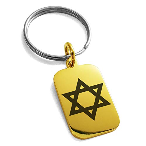 Stainless Steel Hexagram Star of David Symbol Small Rectangle Dog Tag Charm Keychain Keyring
