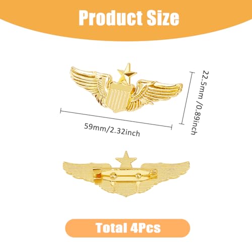 SUPERFINDINGS 4Pcs Wings Pin Alloy Gold Wing Pilot Badge 2.32'' Costume Lapel Pins Brooch Air Force Wing Pins Metal Aviator Wings Pin for Hat Shirt Uniform Pilot Costume2