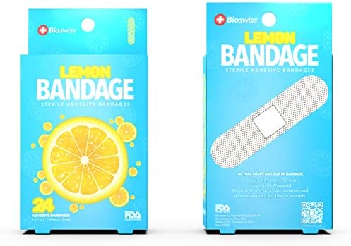 BioSwiss Kids Bandages | 24pcs Self-Adhesive Sterile Unique Shaped Bandages Colorful Funny Cute Toddler Girls & Boys, Adults First Aid, Protect Scrapes and Cuts | Wellness for Everyone (Lemon)