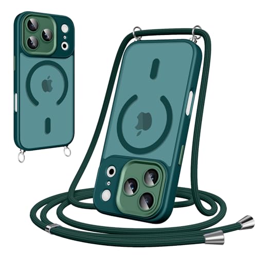 Pnakqil Funda Magnética con Cuerda para iPhone 17 Pro, Carcasa Antigolpes Case Translúcida Mate Anti-Arañazos, Cover con Correa Colgante Ajustable Collar Colgar de Cuello Cadena Cordón, Verde