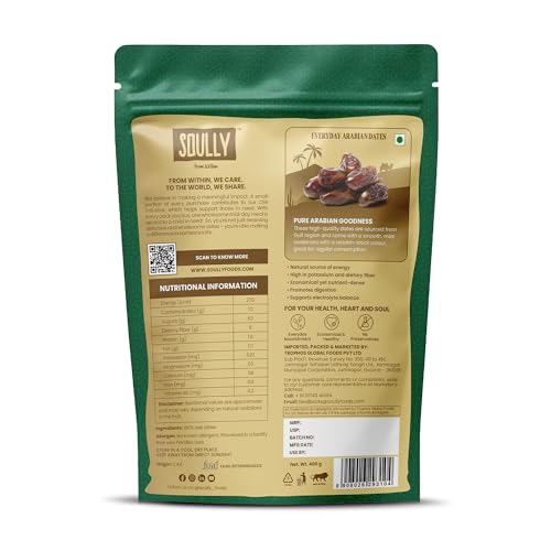 Image of Soully Arabian Dates 400g (Pack of 2) | Premium Arabian Khajoor | High in Fibre Arabian Dates | No Added Sweeteners or Preservatives | Healthy Snacks khajur | Healthy Dates for Snacking | Dry Fruits