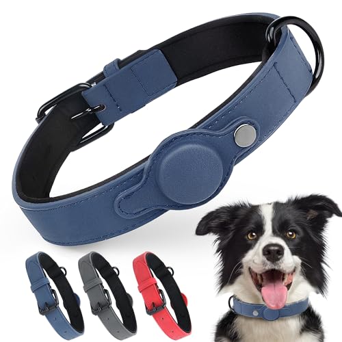 PetiFine AirTag Dog Collar, Leather Dog Collar with Airtag Holder,Soft Padded Apple Air Tag Dog Collar with Adjustable Rust-Proof Metal Buckle for Sma