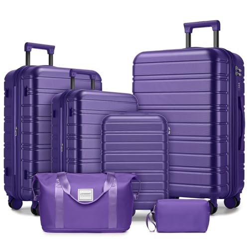 GDFStudio 6 Piece Lightweight Luggage Set with Duffel Bag and Toiletry Bag,Expandable Hardside ABS Suitcases with Spinner Wheels and Combination Lock,18" 20" Carry On,24" 28" Checked Suitcase, Purple
