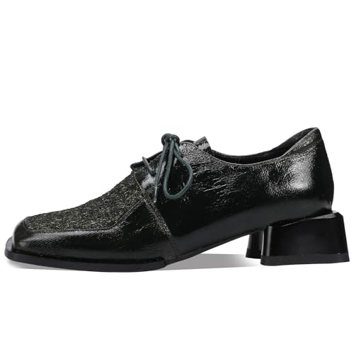 Image of Loafers for Women Patent Leather Buckle Square Toe Chunky Block Dress Slip On Wide Casual Comfortable Dressy High Heels Ladies Comfort Moccasins Elegantes 2 Inch Shoes