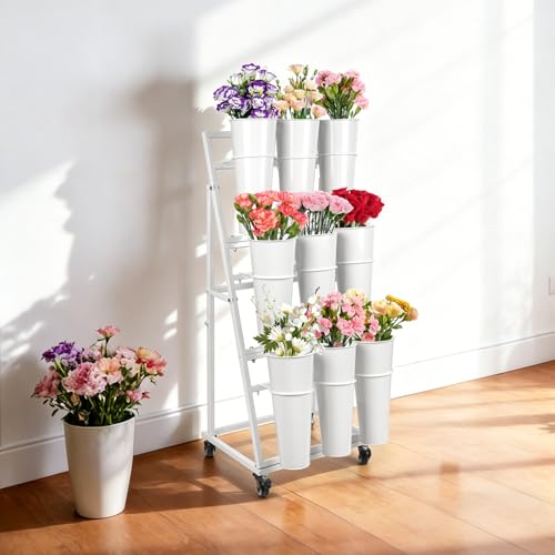 LEALIBAUSS 3FT Flower Display Stand with 9 Buckets,Metal Flower Bar Stand with Wheels,3 Layers Moving Florist Bouquet Shelf for Indoor Outdoor Garden,Flower Shop,Wedding,Party Decor (WHITE) by LEALIBAUSS - Used condition - Image 6