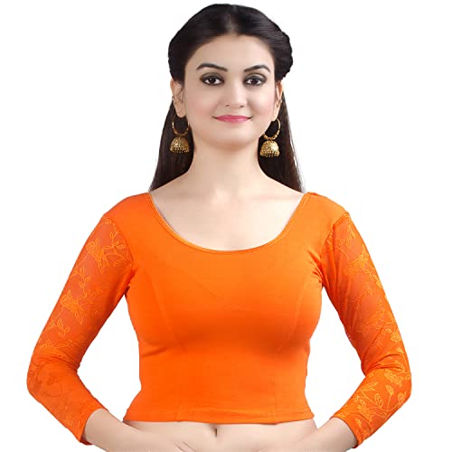 Chandrakala Women's Stretchable Readymade Lycra Indian Ethnic Saree Blouse Crop Top Choli-Orange,Small (B101ORA2)