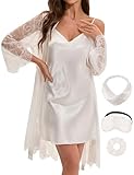 EPLAZA Bride Robe for Wedding Day Set Bridal Robes Satin Silk Nightgown with Sheer Lace Robe Bachelorette Party Getting Ready (White, XL)
