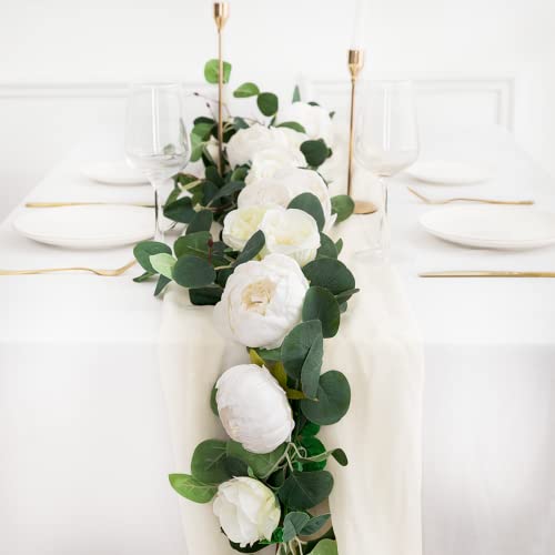Veryhome 2Pcs Artificial Flowers Garland Eucalyptus Garland Peonies Artificial Flowers Faux Flower Vines For Bedroom Room Decor Wall Hanging Plant For Wedding Arch Door Arrangement Party Decor (White) #TOP1