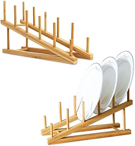 TIE-DailyNec 2 PCS Wooden Dish Rack Bamboo Drying Rack Dish Plate Rack Stand Pot Lid Holder Kitchen Cabinet Organizer for Dish Plate Bowl Cup Pot Lid Cutting Board