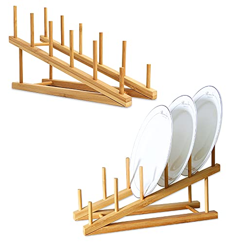 TIE-DailyNec 2 Pièces Egouttoir Vaisselle Bois, Support de Bambou pour Assiettes, 5 Compartiments Rangement Cuisine Egouttoir en Bambou pour Ranger des Assiettes, des Livres, des Verres à Vin