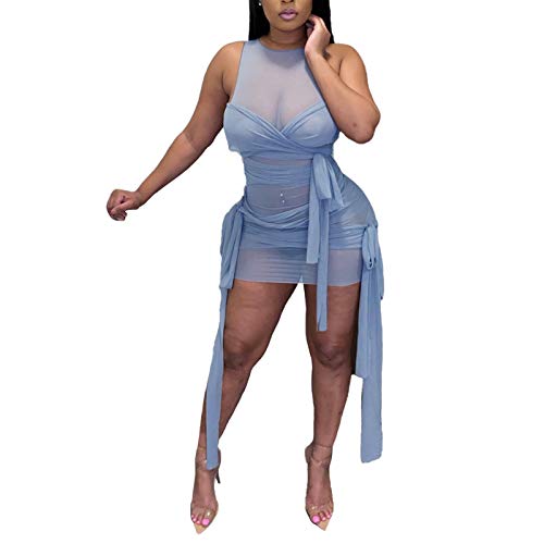 ECHOINE Womens Sexy See Through Dress - Mesh Sheer Sleeveless Bandage Bodycon Mini Dressses Blue