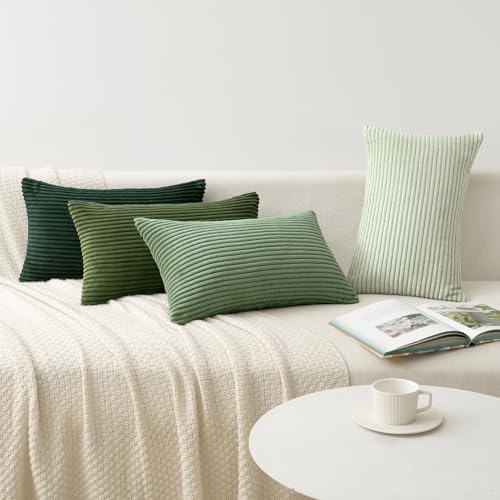 Image of MIULEE Boho Farmhouse Sage Green Throw Pillow Covers 12x20 Inch Set of 4 Mordern Nordic Cushion Covers Soft Corduroy Spring Home Decor for Couch Bed Sofa Living Room Forest Green