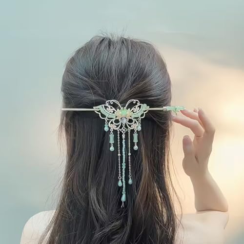 Image of Ashkash 1pc Traditional Chinese Butterfly Hairpin for Women, Elegant Metal Hair Stick with Dangling Chains and Beads, Fashionable Hair Accessory for Festive Occasions