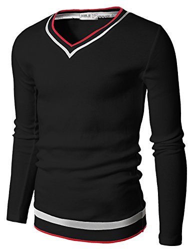 Doublju Mens V-Neck Sweater Pull-Over with Tipping, Black (US-L/Asian XL)