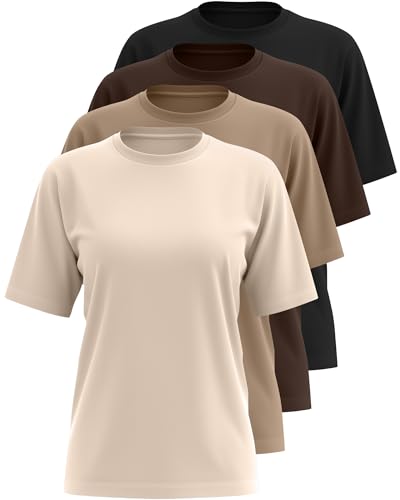 Sweetyweee 4 Pack Women's Half Sleeve T Shirts 1/2 Sleeve Basic Crew Neck Tops Elbow Length Casual Loose Fit Summer Tees(Apricot, Khaki, Brown, Black,Large)
