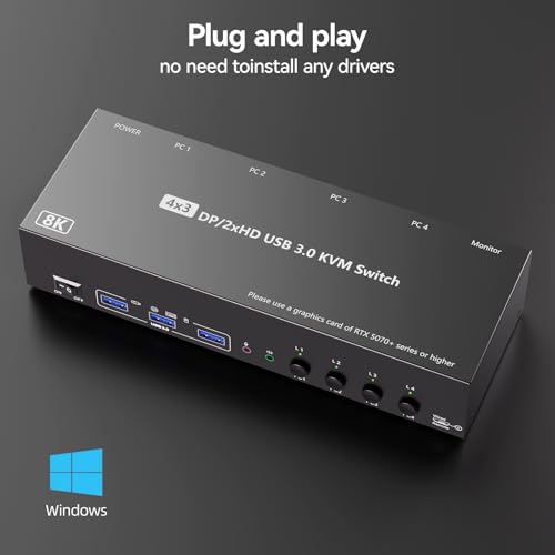 KVM Switch 3 Monitors 4 Computers with Audio, HDMI + DisplayPort 8K@30Hz/4k@144Hz DP KVM Switcher, USB 3.0 KVM Switches for 4 PC Share 3 Display, Suitable for Office/Work from Home, Programmer Setup by QORESWT - Image 7