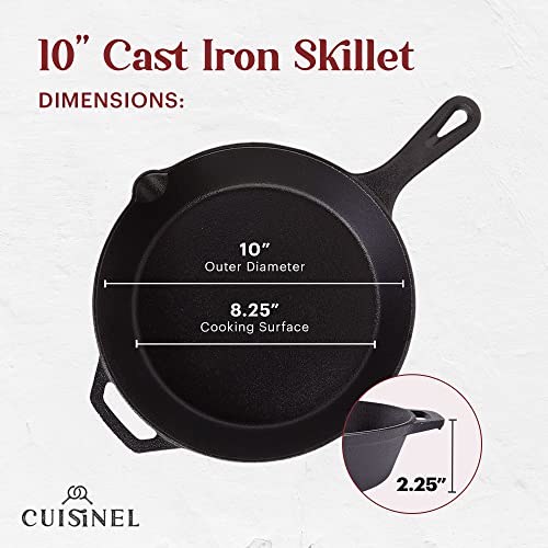 Image of Cuisinel Cast Iron Skillet + Grill Press + Scraper Set - 10 inch-inch Pre-Seasoned Frying Pan + Silicone Handle Grip - 7 inch Round Burger Smasher - Indoor /Outdoor, Grill, Kitchen Cookware. PFAS and PFOA-free